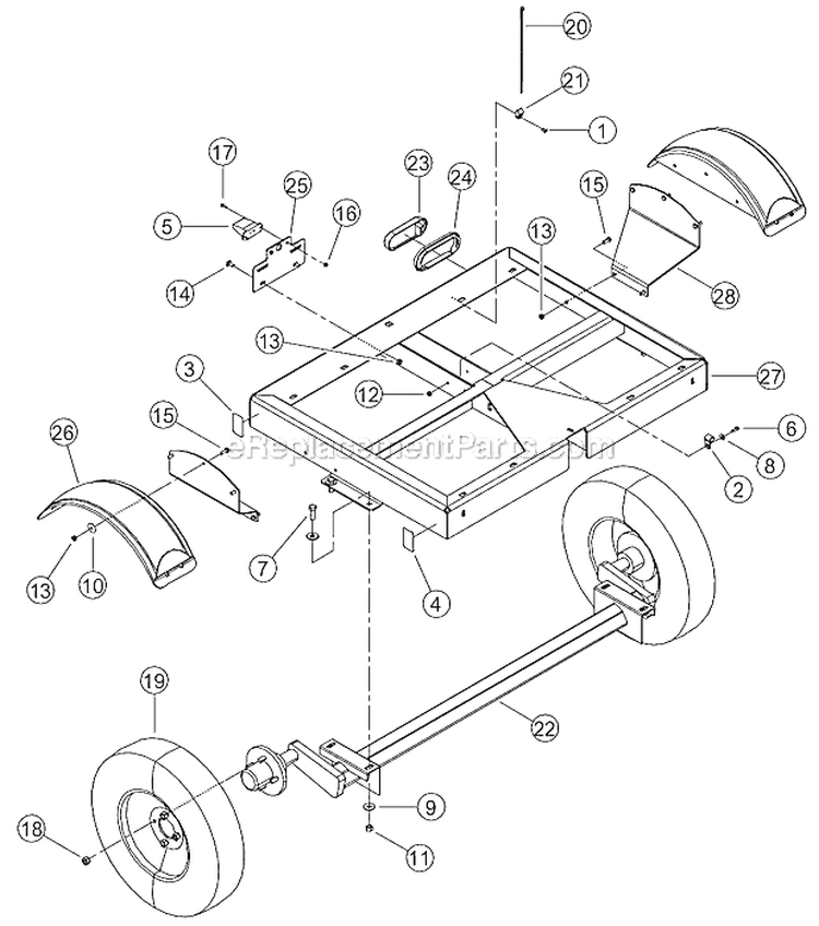 Optional Trailer - Axle Diagram and Parts List for B00001 Bear Cat Chipper Shredder